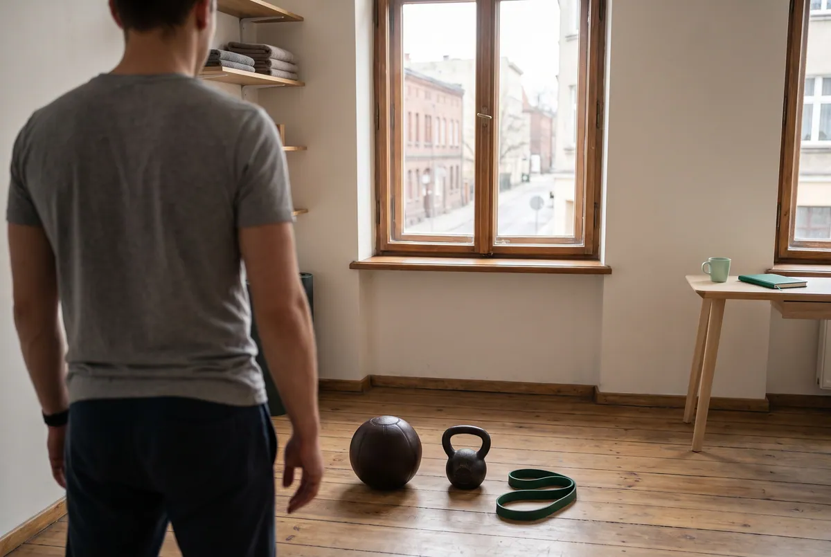 Trener w sali treningowej, na podłodze piłka lekarska, kettlebell i zielona guma; ilustracja do strony o księgowości dla trenerów